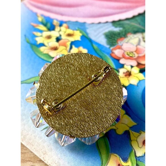 Vintage Aurora Borealis Crystal Beaded Brooch Pin Gold-Tone Backing Mid-Century - Picture 5 of 7